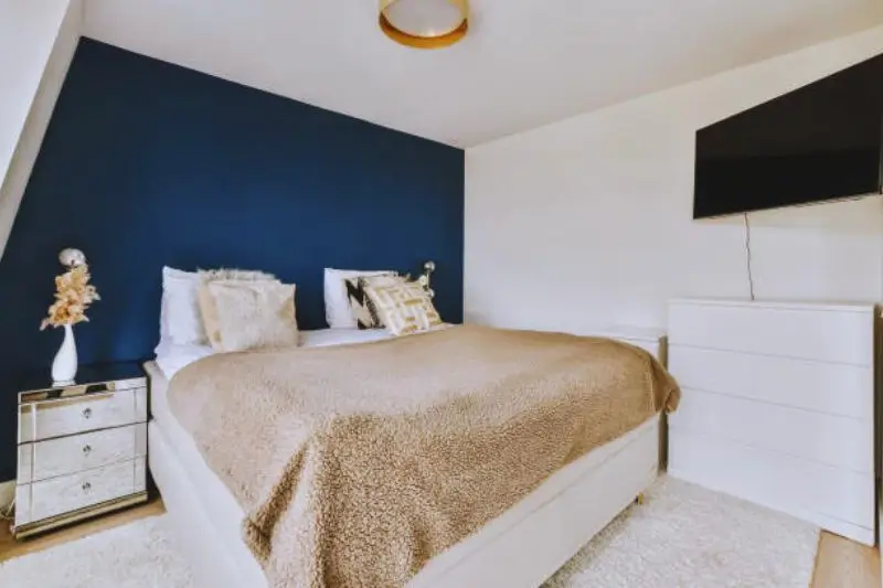 dark navy accent wall behind bed in small mens bedroom