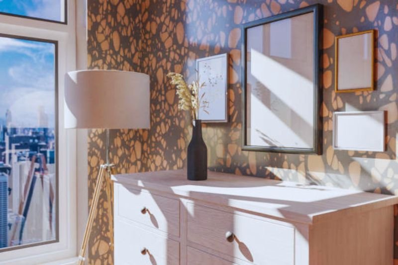 framed scarf as wall art in small bedroom