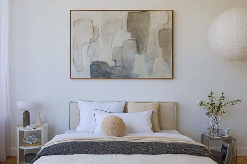 oversized print above bed in small bedroom