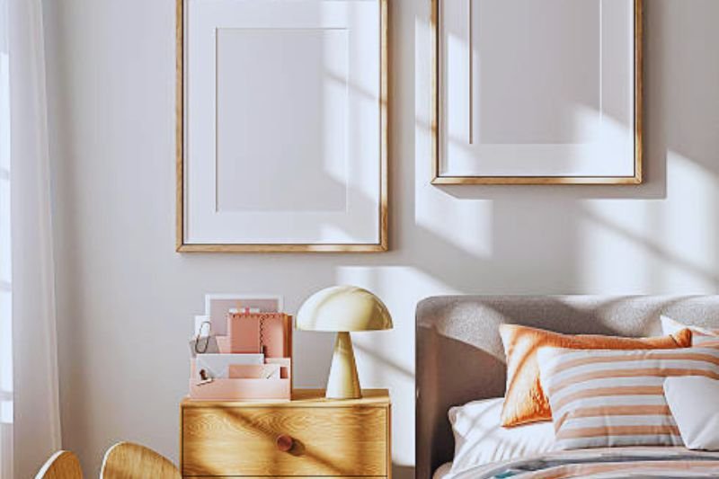 washi tape faux frames on wall in small bedroom