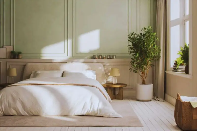 linen bed skirt concealing storage underneath