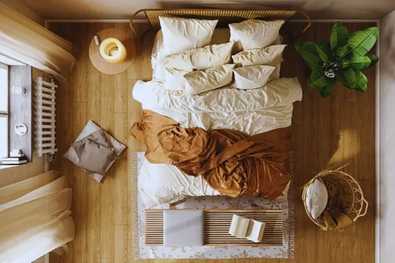 woven baskets with rolled blankets under bed